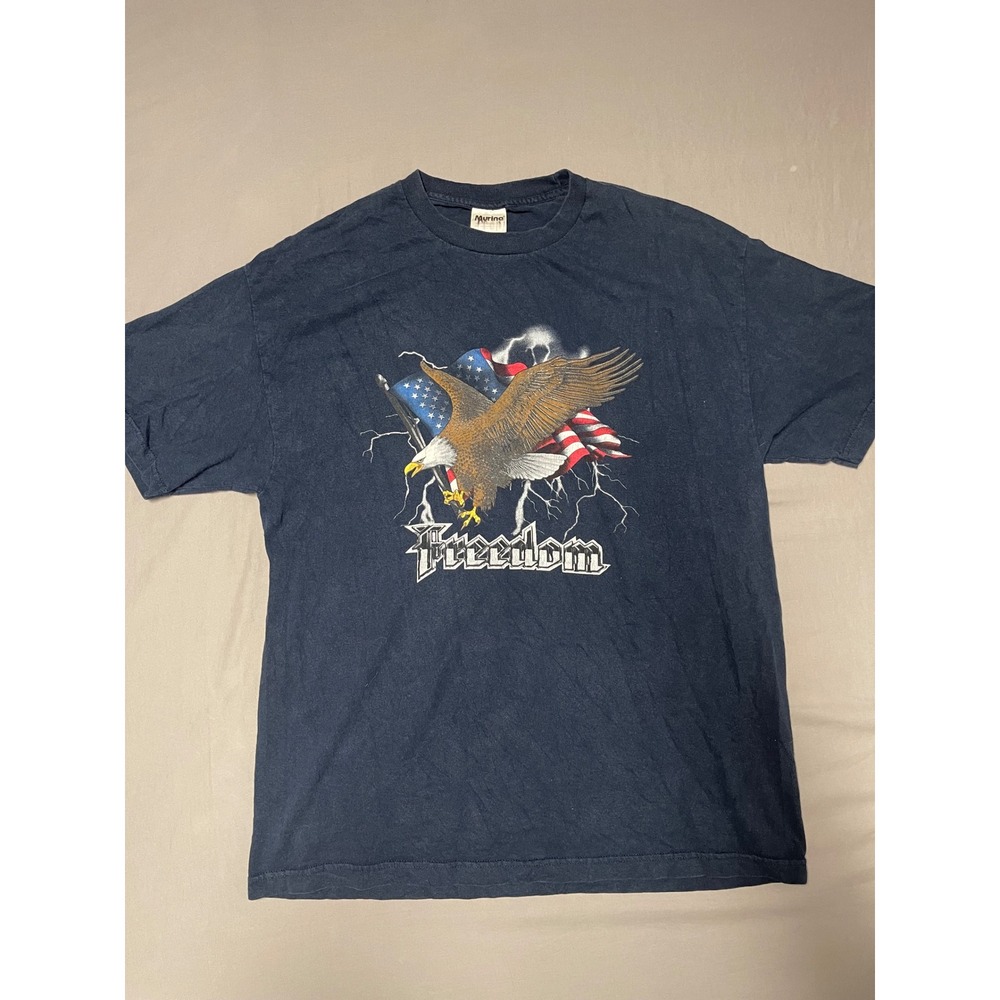 Vintage Murina Freedom Eagle American Flag T-Shirt Navy Blue XL Made in USA